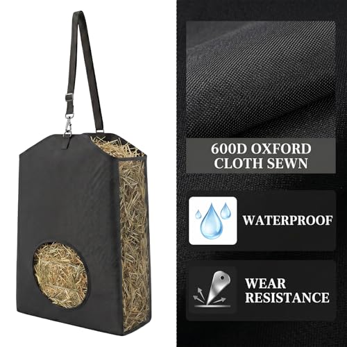 4 Pcs Hay Bags for Goats Goat Hay Feeder Premium 600D Oxford Cloth with Ring Adjustable Strap and Fine Mesh for Horses Donkeys Cows Alpacas Ostriches Black