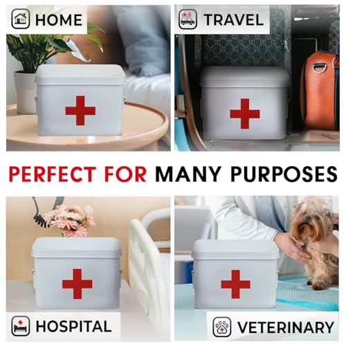 Plexon 8.5" Metal First Aid Box Empty, Medicine Storage Bin with Lid, Emergency Supplies Organizer, Portable First Aid Kit Case, White - color: White