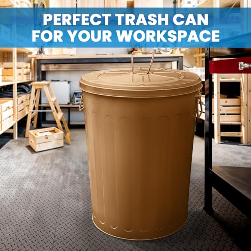 Plexon 20 Gallon Metal Trash Can with Lid Outdoor Large Trash Bin Steel Garbage Can for Garage Patio Farmhouse Bucket Bird Seed Storage Can Heavy Duty Round Container, Brown - color: Brown