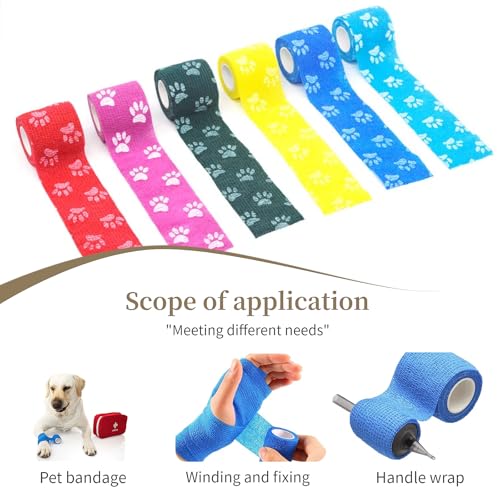 MEDUWEDU Pet Bandage 6 Rolls, Adhesive Bandage, Self Adhesive Bandage, First Aid Adhesive Gauze, for Horses, Dogs,Cats, Birds, Animals (Paw Prints, 2 Inch (Pack of 6)) - color: Paw Prints