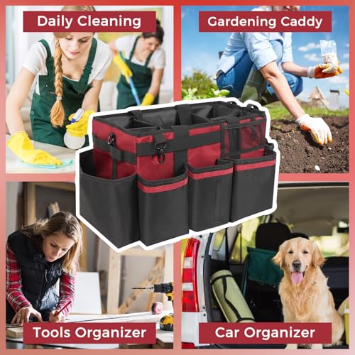 SCAVATA Wearable Cleaning Caddy, Cleaning Caddy Supplies Organizer with Handle & Shoulder Straps for Housekeepers, Under Sink & Car Cleaning Tool Organizers Bag with 4 Foldable Divider (Wine) - color: Wine