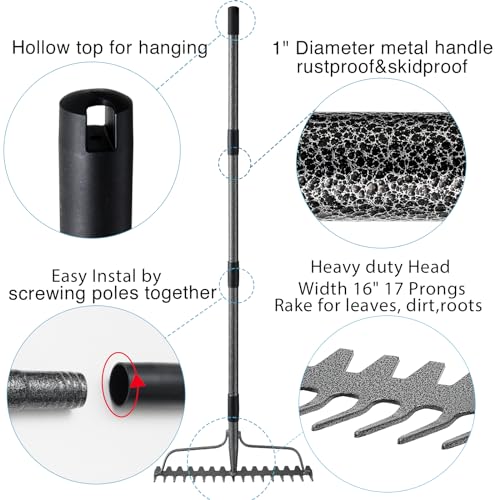 Bow Rake, 17 Prongs Leaf RakeThatch Rake for Lawn,63 Inch Long Handle Yard Rock Rake for Gardening,Detachable Heavy Duty Metal Garden Rake for Loosening Soil, Leveling Lawn, Leaves Cleaning