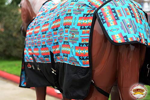 Waterproof Horse Turnout Sheet Hilason 1200D Rip-Stop Lightweight Rain Sheet with Belly Wrap Taffeta Lining Shoulder Gussets - color: Turquoise Aztec With Black, size: 81 in
