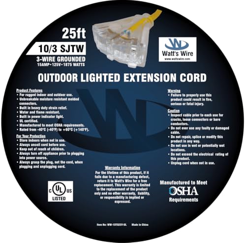 25 ft 10 Gauge Extension Cord - Outdoor Extension Cord - Watt's Wire - size: 25 Ft