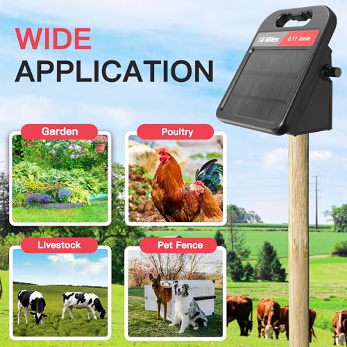 Solar Electric Fence Charger-0.11J-10 Miles, Maximum Output Voltage 8100V- Provide 24-Hour Uninterrupted Protection for Livestock and Yards with Rechargeable Solar Panel Black