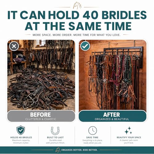 40 Hook Horse Tack Rack Heavy Duty Metal Bridle Organizer with 4 Swivel Arms, Wall Mount & Stall Rail Hanging Storage for Bridles Halters Reins Equestrian Barn Stable Equipment