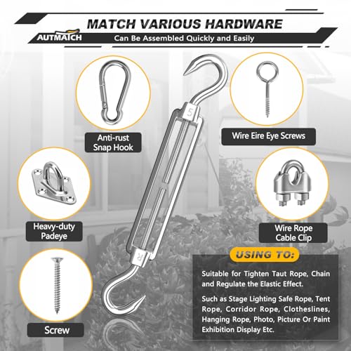 AUTMATCH M5 Hook&Hook Turnbuckle - 304 Stainless Steel Wire Rope Tensioner | Adjustable Turnbuckle for Cable Railing, Fence & Shade Sail Hardware, Wire Rope Tension Kit, 6-Pack, Silver - color: Silver Tone - Hook & Hook, size: M5
