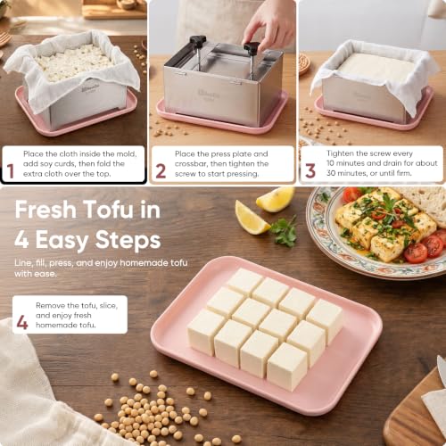 XL Tofu Press Stainless Steel, Tofu Maker and Paneer Press with Cloth, Pink - color: Stainless Steel Plus