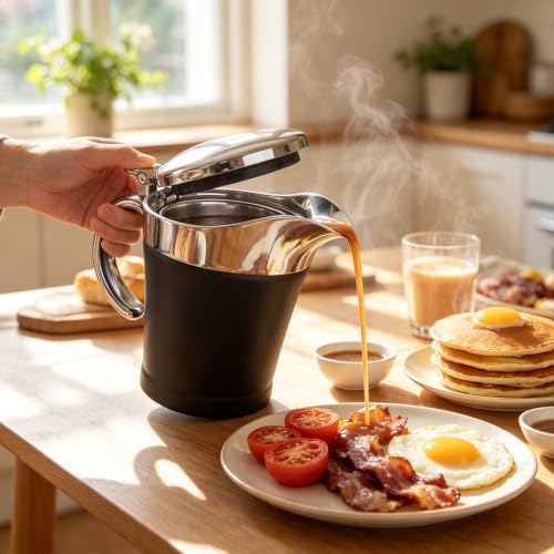 Double Insulated Gravy Boat - Stainless Steel Sauce Jug with Hinged Lid Hinged Lid Ideal for Gravy or Cream at Thanksgiving (450ML/16 OZ Black) - color: 450ML/16 OZ Black