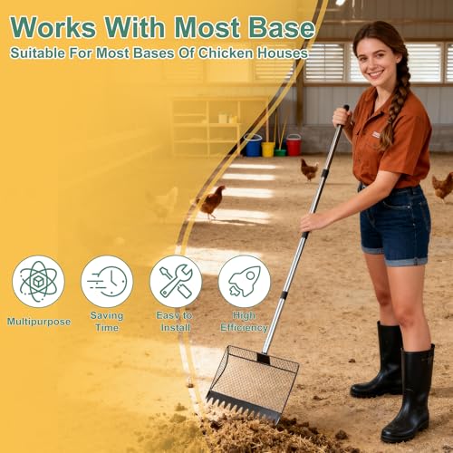 Chicken Poop Scooper & Rake 2-in-1,Litter Sifting Shovel,Metal Chicken Coop Scoop with Adjustable Handle(34" to 65") for Chicken Run, Animal Farm, Duck Coop Black