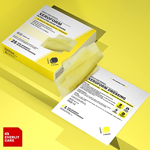 EVERLIT Xeroform Petrolatum Dressing | Sterile, Non-Adherent Occlusive Fine Mesh Gauze Pad | Non-Toxic, Gentle Patch for Burns, Laceration, Surgical Incisions & Skin Grafts (4" x 4" | Pack of 25) - size: 4" x 4" | Pack of 25