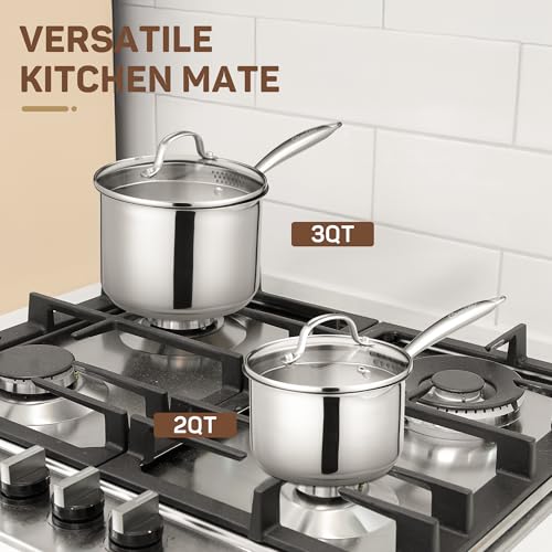 Ciwete 3 Qt Stainless Steel Saucepan with Glass Strainer Lid, 3 Quart Pot Stainless Steel Sauce Pan with Pour Spout, Mirror Polishing, Compatible with All Cooktops Dishwasher Safe Oven Safe - size: 3 Quart (With Glass Strainer Lid)