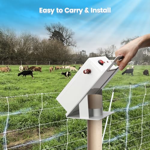 Solar Fence Charger - Briidea Solar Electric Fence Energizer for Up to 5.6 Miles, 0.3 Joules, IP66 Waterproof for Livestock, Gardens, Pastures & Wildlife Control, Energy Saving Design - color: 0.3 Joules with handle
