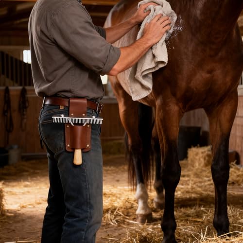 Leather Show Comb Holder and Mini Fluffer Comb Set, Livestock Show Comb Grooming Tool Holder with Metal Comb for Horse, Cattle, Dog, Cat, Goat