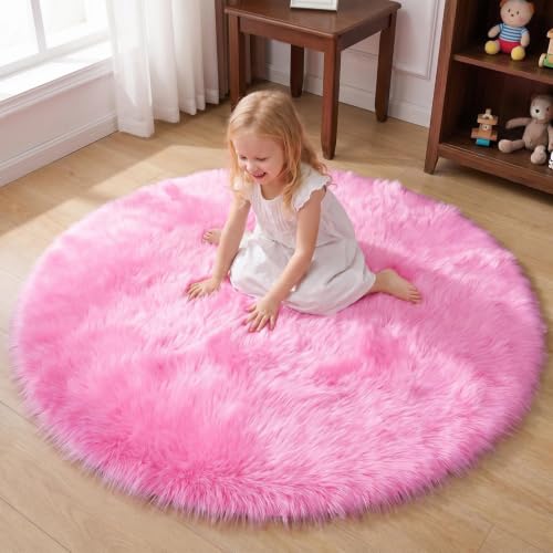 duduta Hot Pink Faux Fur Sheepskin Round Rug 4x4 ft, Fluffy Shag Circle Rug - color: Hot Pink, size: 4' x 4'
