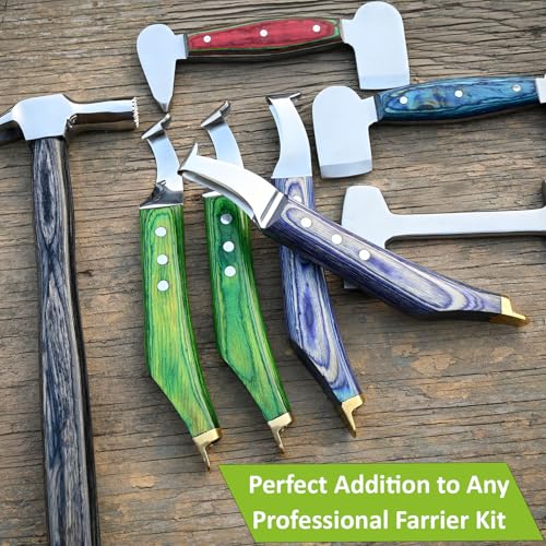 Premium Farrier Loop & Hoof Knife with Brass End – Professional Hoof Trimming Tool for Horses, Cows & Livestock, Stainless Steel Blade, Ergonomic Wood Handle (Green) - color: Green