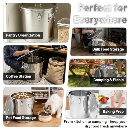 304 Stainless Steel Extra Large Rice Storage Container 12.7Gal/48L Airtight Canister with Locking Lid & Buckle, Food Grade Sealed Bucket Holds 40-90Lbs for Rice, Flour, Grain - size: 48L