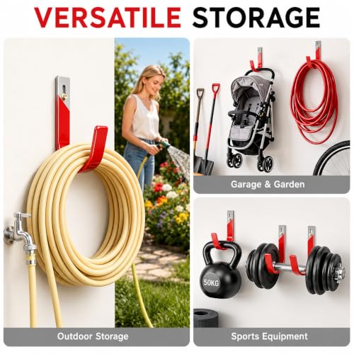 Garage Wall Hooks for Hanging Heavy Duty, 4 Pack Garage Organizer Storage Hooks Wall Mount for Garden Hoses, Brooms, Ladders, Garage Storage