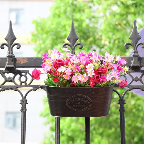 3 Pack Metal Railing Planters, 10.5" Oval Hanging Flower Pots with Detachable Hooks & Drainage Holes, Fits Rails up to 2.36", Galvanized Iron Fence Bucket for Balcony Garden Patio - Letter Black - color: Letter Black, size: 3 Pack, 10.5"L x 5.7"W x 4.7"H