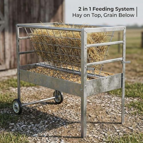for Goats Sheep and Lambs Livestock Feeder, 2 in 1 Hay and Grain Freestanding Unit, Galvanized Steel Farm Feeder for Barn Pasture, Multi-Species Feeding Station