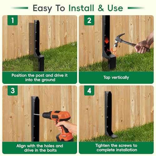 4 Pack Strong Fence Post Repair Kits with One-Piece Steel Anchor & Stakes - color: Black