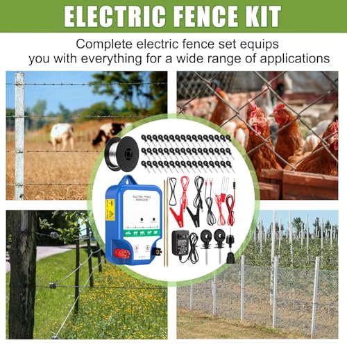 MorningRo Electric Fence Kit, 8 Mile 12kV 2J Electric Fence Charger AC/DC Powered with 50 Insulators, Socket Tool, 250ft Aluminum Wire for Livestock Control(Classic Ver.,Blue) - style: Classic Ver