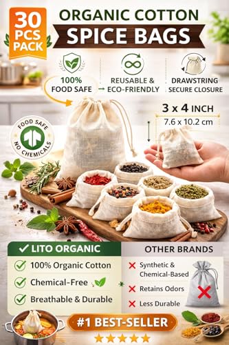 Organic Cotton Spice Bags with Drawstring – 30 Pcs Reusable 3x4 Tea Bags, Muslin bags for Cooking, Soup bag, Herbs & Loose Leaf Tea – Cheesecloth Straining Pouch - size: Spice Bag (30 Pack)
