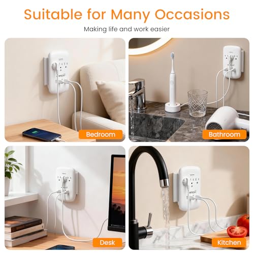 Oviitech Multi Outlet Wall Mount Adapter Surge Protector with 4 (4.2 AMP) USB Charging Ports,3 Outlet Extender Socket Plugs,White,ETL Certified. - color: 3AC/4U