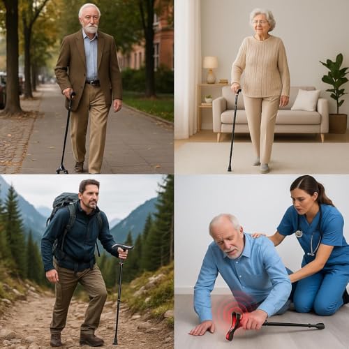 Foldable Walking Cane for Seniors with Dual Handle LED Light & Alarm