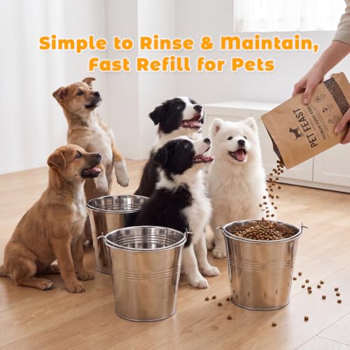4 Pack 1 Quart Stainless Steel Hanging Pet Bucket with 4 Double End Snap Hooks, Heavy Dog Water Food Pail for Crate Kennel Cage, Rust Proof Farm Feeder Bowl for Dogs Cats Rabbit Chicken