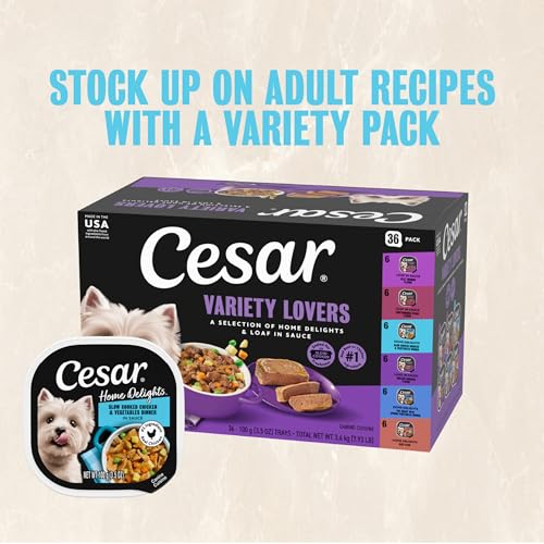 Cesar Loaf and Delights Wet Dog Food, Variety Lovers Pack, 3.5 oz, 36 Count | Real beef or chicken #1 ingredient, no fillers or artificial flavors, easy to digest, slow-cooked, easy-peel trays - size: 36 Count (Pack of 1)