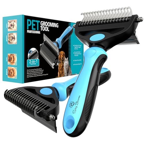 Spring Blossoms-2 in 1 Professional Grooming Rake for Cats & Dogs-Dematting Comb for Easy Mats & Tangles Removing,Pet Brush Safe No More Nasty Shedding and Flying Hair (Blue) - color: Blue