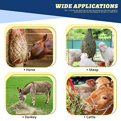 Glarks 2Pcs 36" Length with 5" x 5" Holes Nylon Ultra Slow Feed Hay Net, Black and Red Large Capacity Heavy Duty Poly Horse Hay Net Equine Feeding Bag for Trailer and Stall, Simulates Grazing