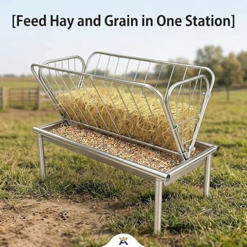 Heavy Duty Hay Rack and Grain Pan, 2 in 1 Livestock Feeder, Freestanding Farm Feeder. for Barn and Pen Feeding, Durable Galvanized Steel for Goats Sheep Calves