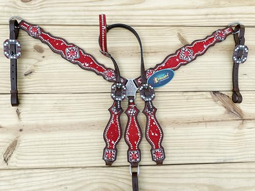 Western Leather Headstall & Breast Collar Set for Horses - Valentine’s Day Silver Metallic Cowhide with Rhinestones - color: Red