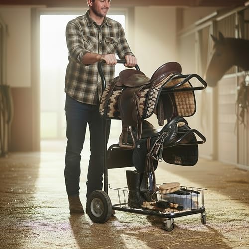 Homestead 220 Lbs Rolling Saddle Rack Cart with Basket – Heavy Duty Saddle Stand for Western Horse Gear, Organizers and Storage for Tack Room, Bridle, Horse Lovers, Cowboy - 3 Tier Saddle Rack Carts - size: 220 Lbs