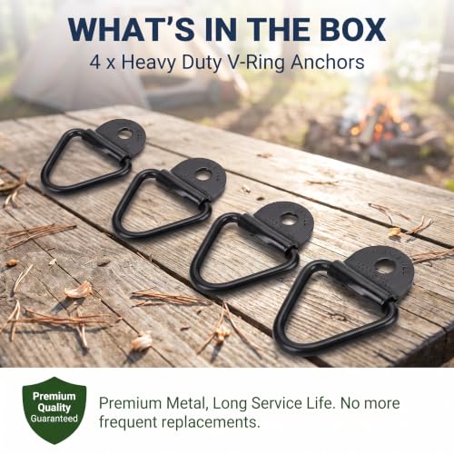 4 PCS Car V Ring Tie Down Anchors, Heavy Duty Metal Bed Tie Down Anchors Rings, V Ring Trailer Tie Down Anchor, Universal Mounting Accessories for Pickup Truck Trucks Trailers (Black)