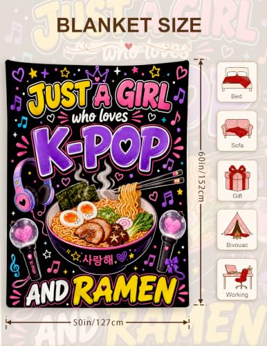 Kpop Gifts for Girls, Kpop Ramen Blanket, Birthday Ramen Lover Gifts | Korean Gifts for Girls/ kpop lovers/ Women/ Fan, Christmas Birthday Gift Ideas Just A Girl Who Loves K-Pop and Ramen 50*60 - color: Kop Noodle