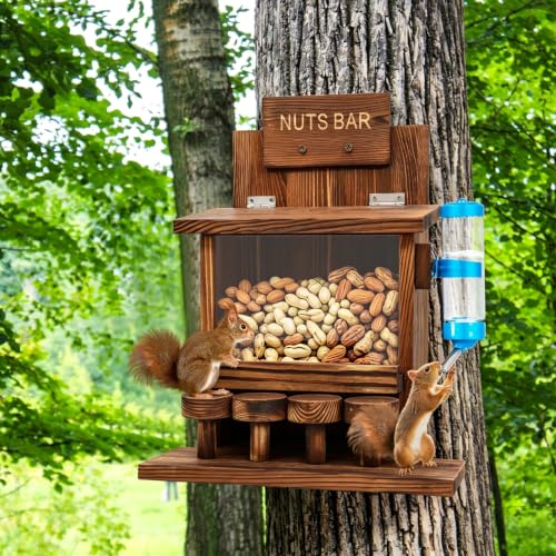 Squirrel Feeders for Outside Tree Wooden Squirrel Picnic Table Feeder for Corn Peanut Hanging Chipmunk House The Nut Bar with Squirrel Water Feeder