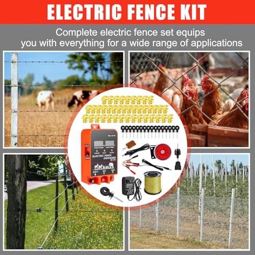 MorningRo 5.5J Electric Fence Charger with Display and Alarm, AC/DC Dual Power, 12V Input 8KV/12KV Output, 3366 ft Polywire, 40 T Post Insulator, 20 Screw-in Insulator for Cattle Cow Livestock Farm