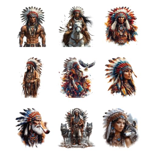 arricraft 9 Sheets Native American Theme Iron on Decals Patches, Indian Characters Legendary Chief Patterns Transfer Stickers PET Washable Patches for DIY Clothes Decor, 9.45 inch(24cm) Long - style: Native American Theme