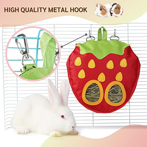 JanYoo Rabbit Hay Feeder Bag for Cage Guinea Pig Timothy Hay Dispenser Storage Manger Hanging Large Less Waste for Bunny - color: A-Strawberry