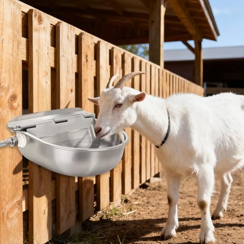 Automatic Livestock Waterer, 304 Stainless Steel Auto Fill Drinking Bowl with Float Valve, Drainage Hole & Protective Baffle, Wall Mount or Floor Stand, for Dogs, Chickens, Horses, Goats, Pigs
