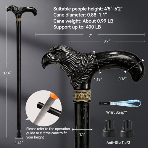 Wooden Cane, Hand Carved Eagle Walking Cane for Men Women - color: Black