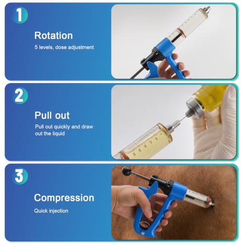 2 Pack 50ML Semi-Automatic Livestock Syringe, Continuous-Injection Syringe | Reusable 50ml farm liquid dispenser set with 5 output levels, smooth one-hand use and extra parts for daily livestock care - color: Blue - 2 Pack