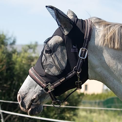 Harrison Howard Super Comfort Stretchy Fly Mask Large Eye Space with UV Protection Soft on Skin with Breathability Piano Black Cob (Medium) - color: Piano Black, size: Cob (Medium)