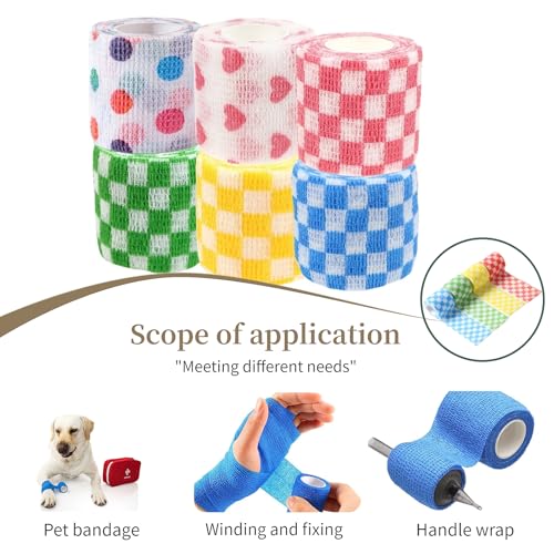 MEDUWEDU Pet Bandage 6 Rolls, Adhesive Bandage, Self Adhesive Bandage, First Aid Adhesive Gauze, for Horses, Dogs,Cats, Birds, Animals (Checkered, 2 Inch (Pack of 6)) - color: Checkered