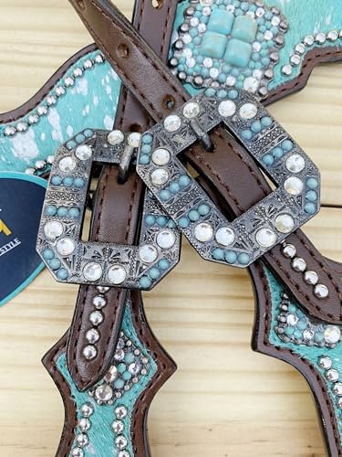 Western Leather Headstall & Breast Collar Set for Horses - Valentine’s Day Silver Metallic Cowhide with Rhinestones - color: Turquoise