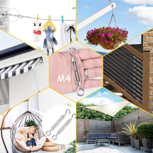 Turnbuckle Lsqurel 10PCS 304 Stainless Steel Turnbuckle Hook and Eye Heavy Duty M4 M6 M8 M10 Tensioner Adjustable Shade Sail Hardware for Tightening up Metal Cable Wire 5/32 1/4 5/16 3/8 - style: M4 - 10pcs