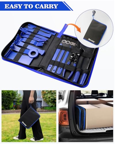 Poraxy 19Pcs Trim Removal Tool, Car Panel Dashboard Door Audio Trim Removal Tool Kit, Auto Clip Pliers Fastener Remover Set, Plastic Pry Tool, Automotive Upholstery Removal Kit - color: Blue